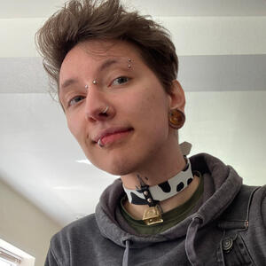 a young man smiling at the camera while wearing a leather cow print collar with a cowbell.